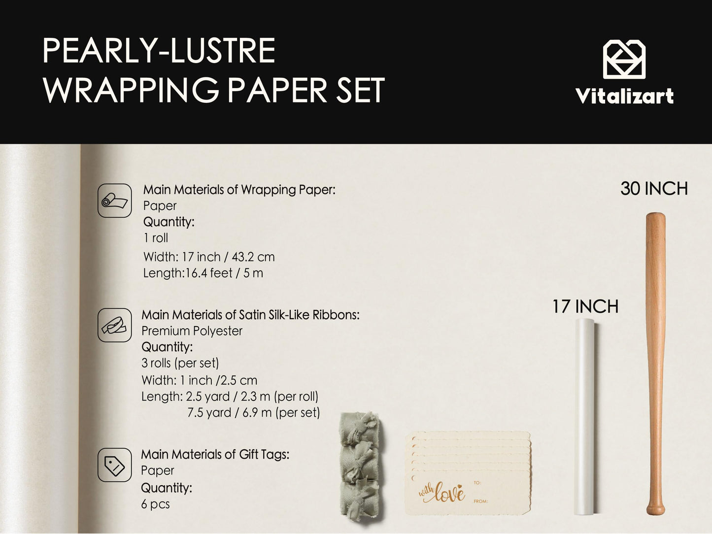 Vitalizart White Wrapping Paper Set 17" Pearly-Lustre With Silk Like Satin Ribbon & Gift Tags Recyclable Christmas Gift Wrapping Birthday Baby Shower Wedding Handmade Crafts 197"(16.4 Ft)