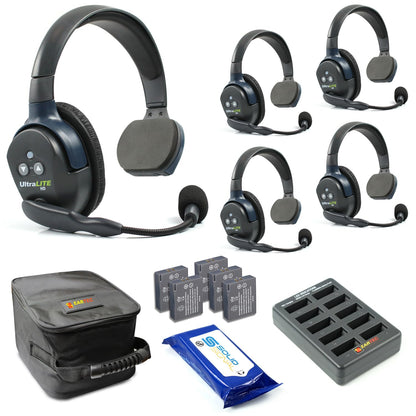 Eartec UL4S Ultralite Full Duplex Wireless Headset Communication for 4 Users - 4 Single Ear Headsets with SolidSignal Cleaning Wipes Bundle