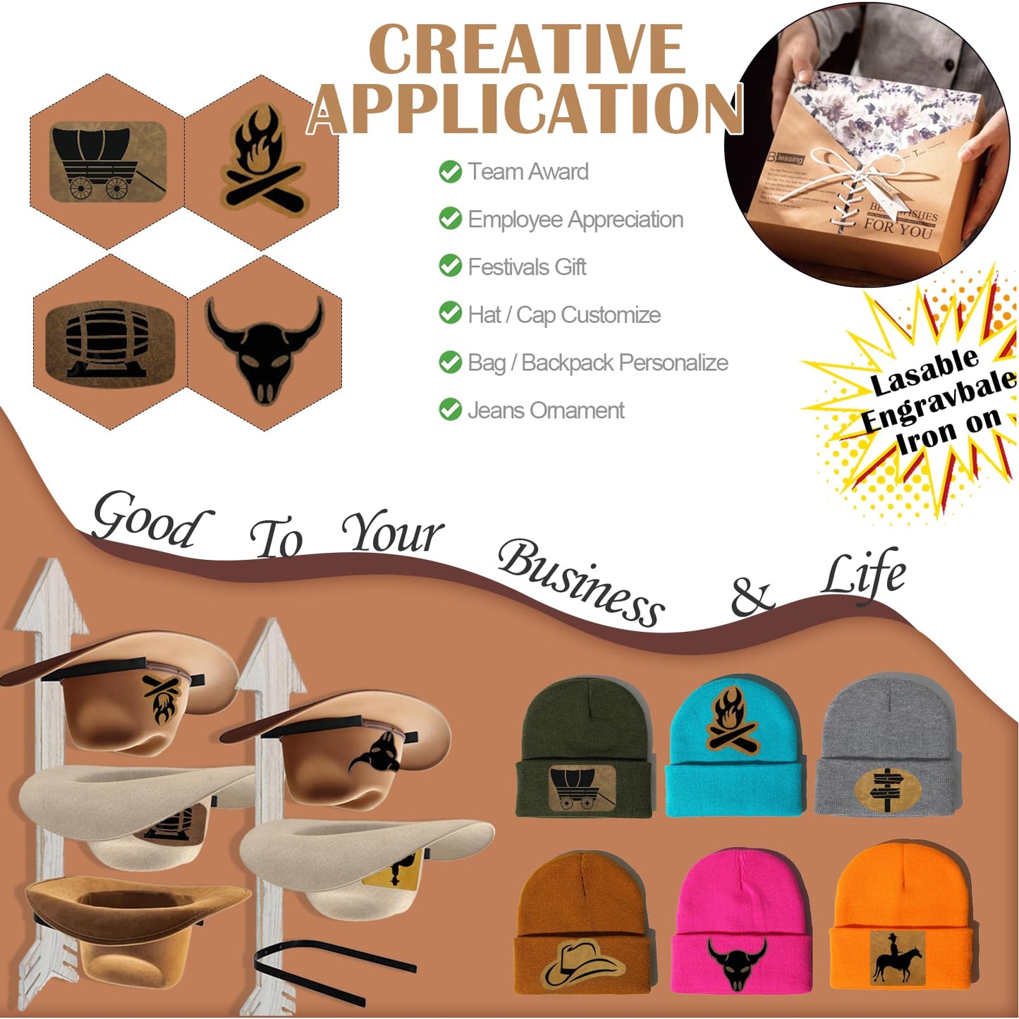 iFForce 12.6”X10.6“ Laser Engraving PU Leather Blanks - 6 Large Sheets Leatherette Iron on Hat Patches - Cut at Will Custom Any Shapes for DIY Hat & Clothes Business (6 Sheets, 6 Colors)