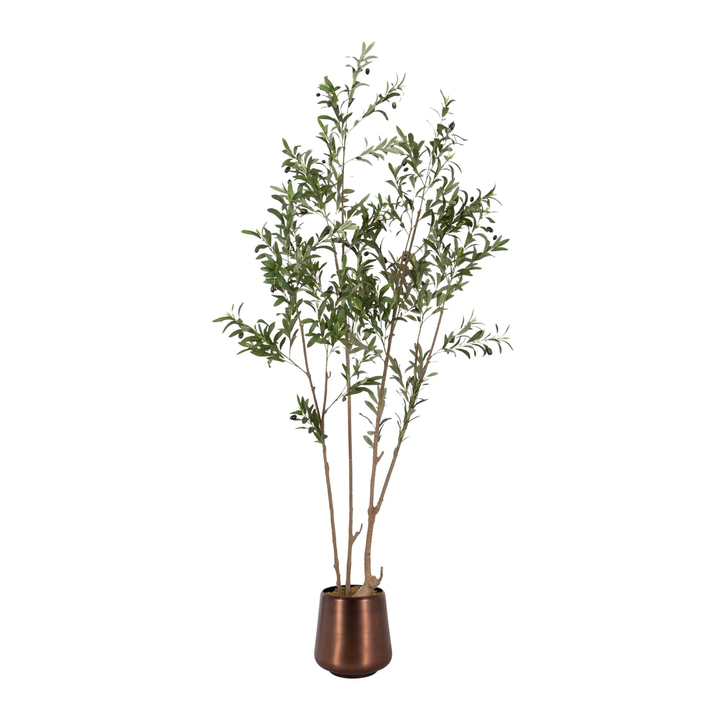 Kate and Laurel Oliveira Faux Olive Tree with Portell Metal Planter Pot, 7 FT, Bronze, Potted Artificial Olive Plant Tree with Realistic Foliage and Added Moss, Fake Plant Living Room Decor