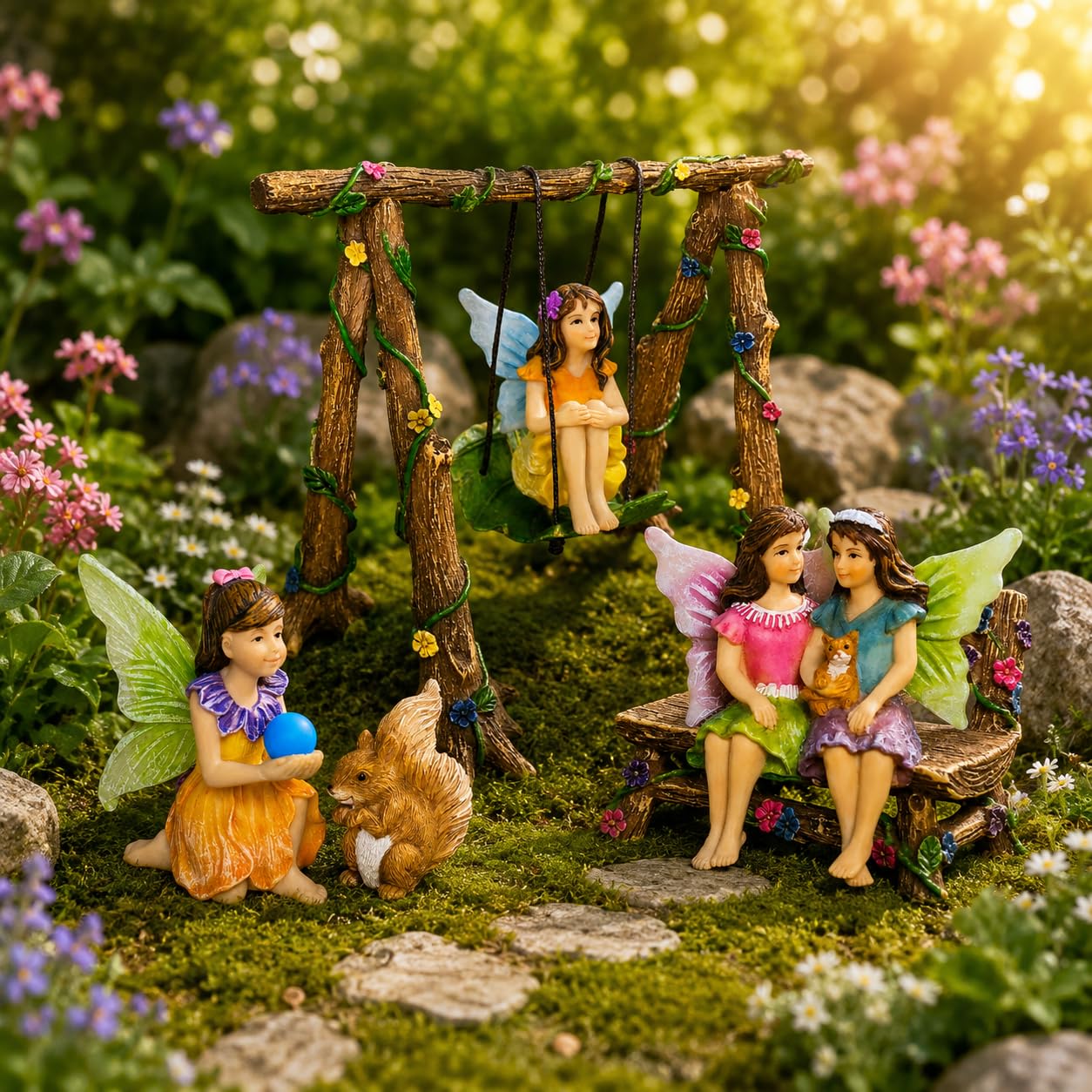 Mood Lab Fairy Garden Figurines with Swing - Miniature Accessories Set (6 pcs) - Outdoor Indoor Garden Decor