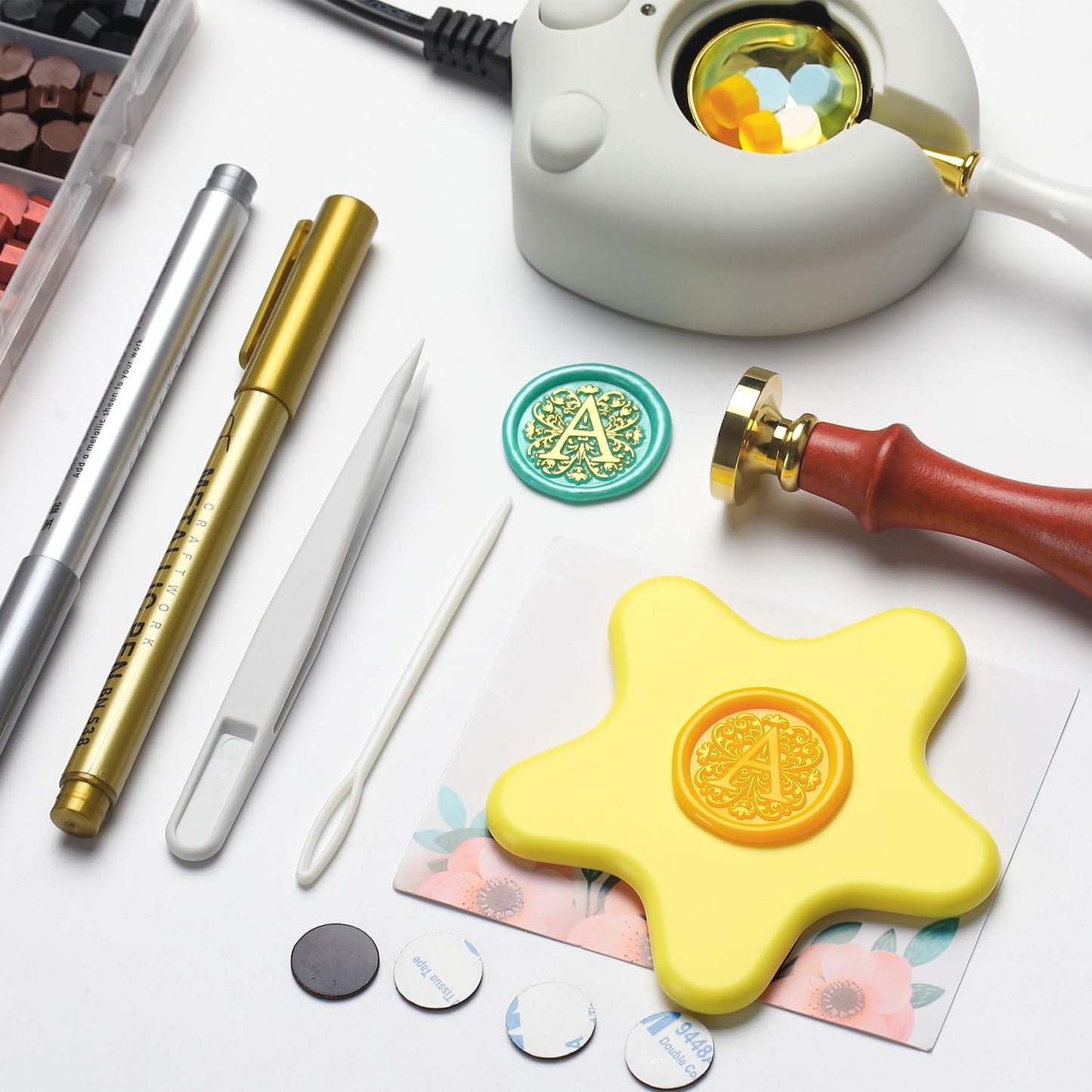 VSECUON Flower Initial Alphabet C & Eucalyptus Wax Seal Stamp Kit with 2 Brass Heads Electric Wax Seal Warmer 600 Sealing Beads Ideal for Wedding Invitation Gift Wrapping Christmas (Floral C Kit)