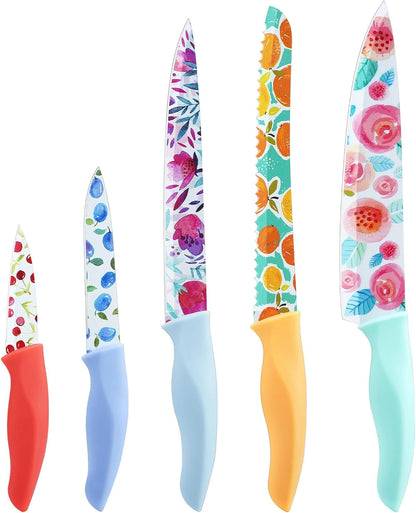 G.a HOMEFAVOR 5-Piece Kitchen Knife Set, Nonstick Coated with 5 Blade Guards, Multicolored