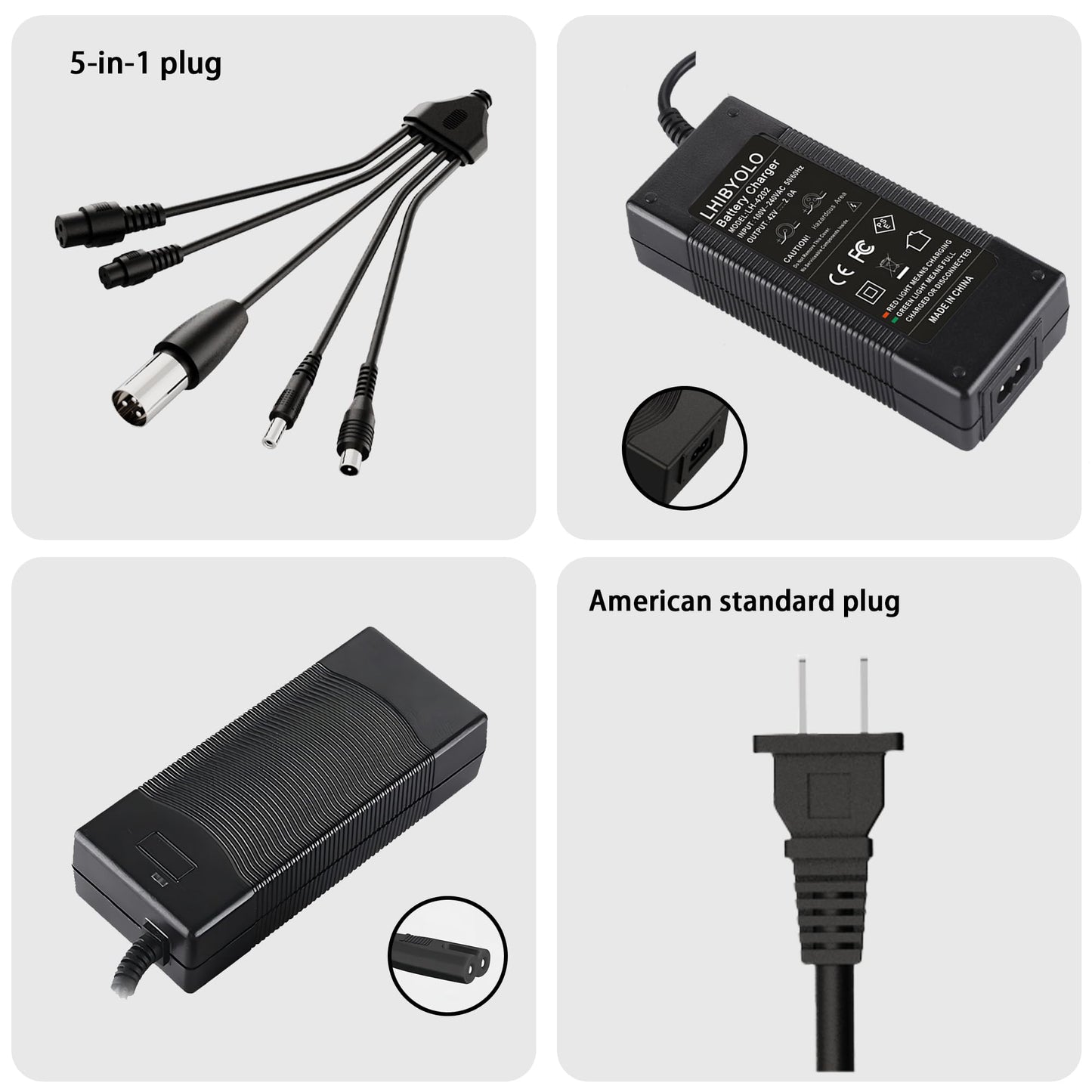 LHIBYOLO 42V 2A Electric Scooter Charger 5 in1 Plugs Universal,for 36V Electric Scooter Ebike Lithium Battery，for Jetson,Razor,Swagtron,Bird,Gotrax,Segway