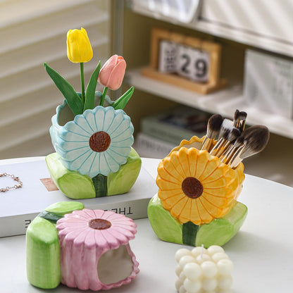 Ceramic Flower Makeup Brush Holder for Women Girls, Cute Pen Pencil Cup Pot for Desk Organizer, Bathroom Toothbrush Holder Home Office Decor (Yellow Sunflower)