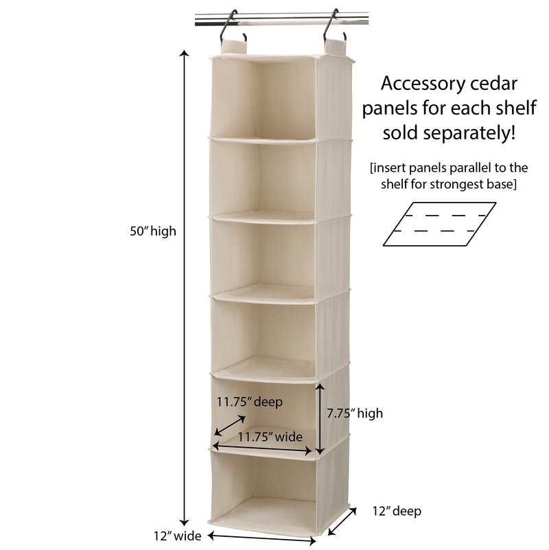 Household Essentials Cedarline 6-Shelf Hanging Closet Organizer, Heavy-Duty Cotton Canvas, Breathable, Versatile, Compact, Perfect for Rod or Wire Closets, Natural