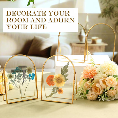 Vicenpal 4 Pcs 5 x 7 Inch Double Glass Frame for Pressed Flowers Vintage Metal Gold Floating Picture Frames Minimal Vertical Arched Photo Stand for Desk Tabletop Display (Gold)