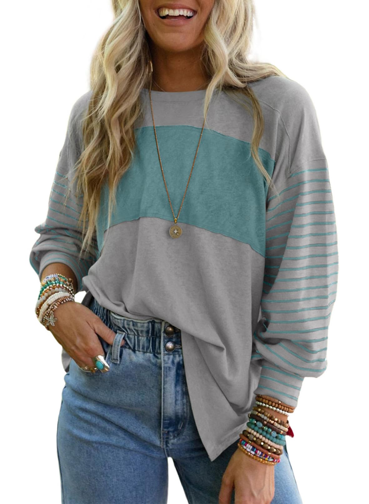 Dokotoo Long Sleeve Tops Oversized 2025 Trendy Round Crew Neck Casual Color Block Womens Shirts Blouses
