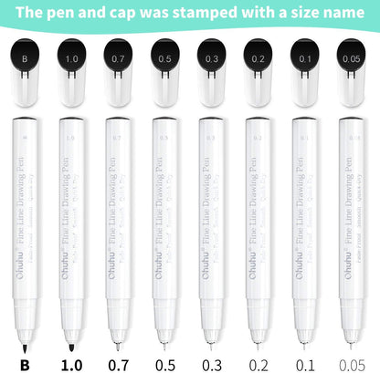 Ohuhu Fineliner Pens Micro Drawing Pens: 8-size Tips (Ultra-fine, Fine & Brush) Waterproof Pigment Black Ink for Illustration Drawing Journaling Sketching for Artist Beginners