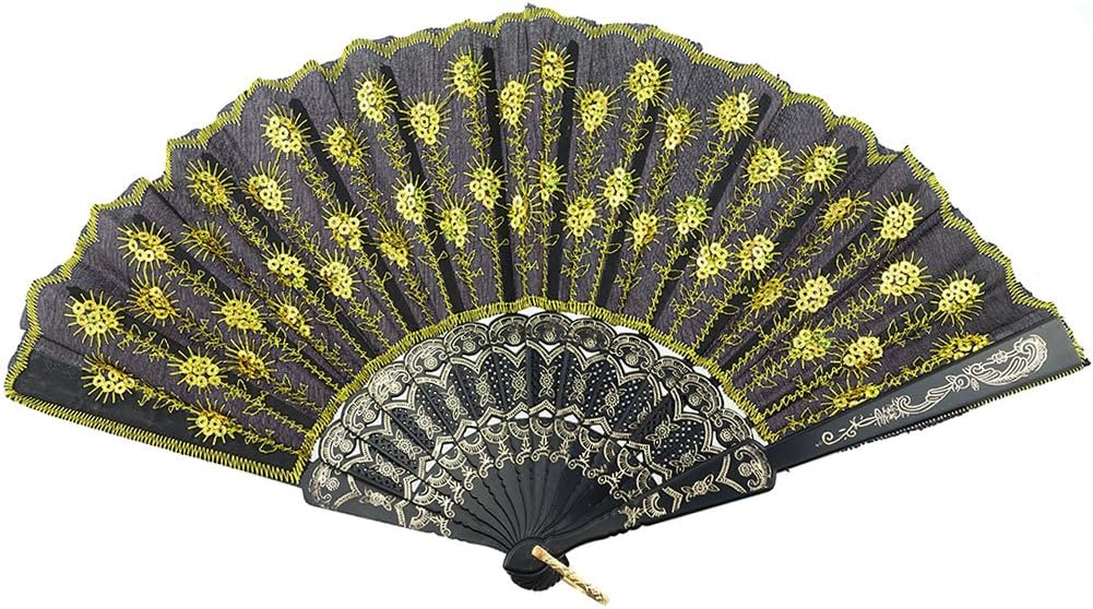 INNOLIFE Elegant Colorful Embroidered Flower Peacock Pattern Hand Fan - Hand-Crafted Folding Fabric, Full Set of 6pcs