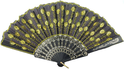 INNOLIFE Elegant Colorful Embroidered Flower Peacock Pattern Hand Fan - Hand-Crafted Folding Fabric, Full Set of 6pcs