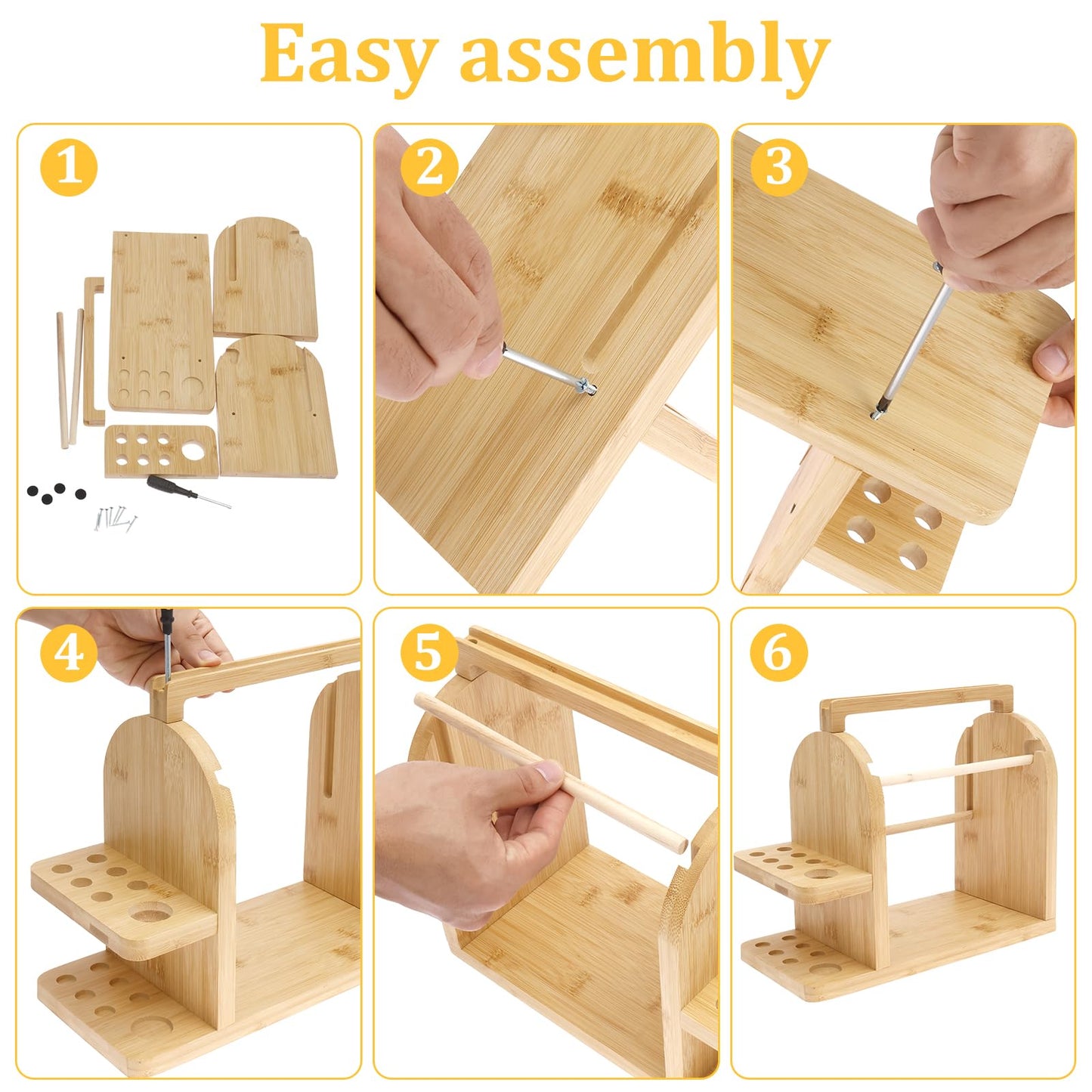 Yarn Holder for Crocheting and Knitting, Bamboo Wooden Yarn Spinner Storage Organizer with Built-in Phone Stand, Tangle-Free Dual Rods and Crocheting Tool Holder, Works with Skein,Cake,Ball