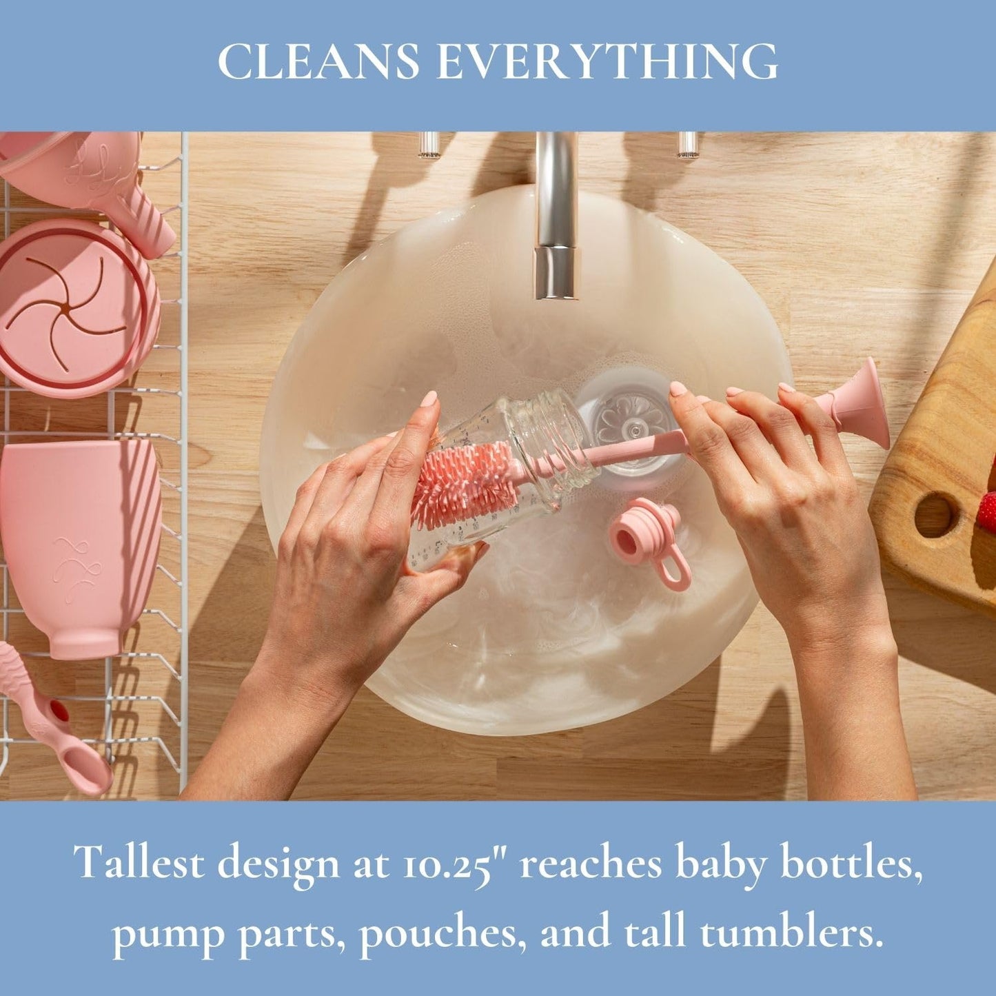 Lowcountry Littles Nontoxic Silicone Bottle Brush - Premium Medical Grade - BPA & PFAS Free - Suction Cup Base - Easy to Clean and Dishwasher Safe - Tallest Design for Any Bottle - (10.25 in) (Pink)