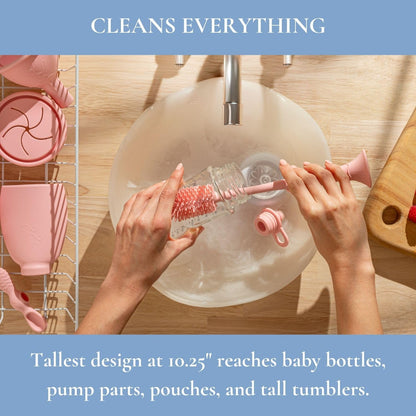 Lowcountry Littles Nontoxic Silicone Bottle Brush - Premium Medical Grade - BPA & PFAS Free - Suction Cup Base - Easy to Clean and Dishwasher Safe - Tallest Design for Any Bottle - (10.25 in) (Pink)