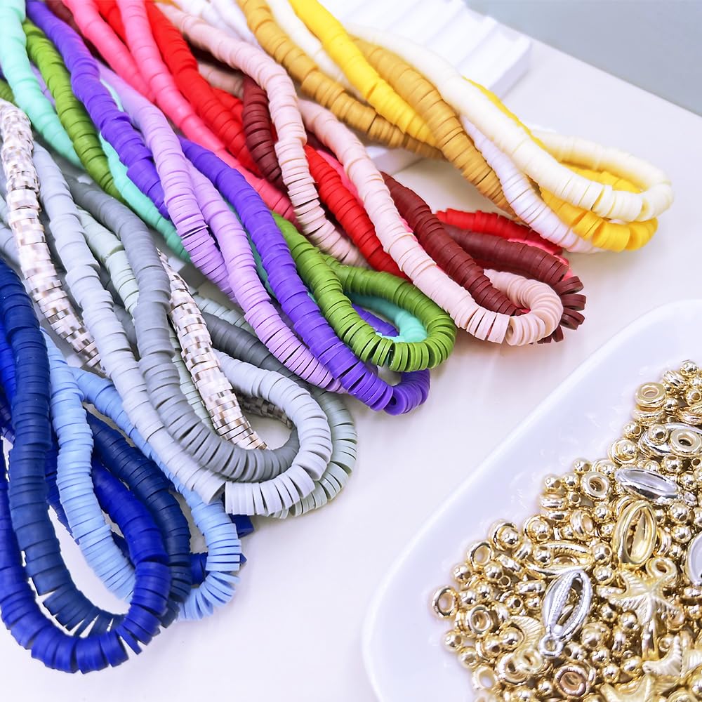 QiQnHngD 8200 PCS 20 Strands Clay Beads Kit, Polymer Clay Beads for Bracelets Making, with Gold Spacer Beads and Charms, 6mm Neutral Beads for Friendship Bracelet, Earth Tone Beads for Adults