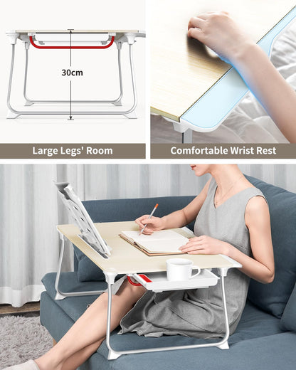 SAIJI Folding Bed Desk for Laptop, Eating Breakfast, Writing, Gaming, Extra Large 25.6" x 19.3" Portable Floor Stand Laptop Desk Table for Adult,Kids, Wood Bed Tray Table Lap Desk