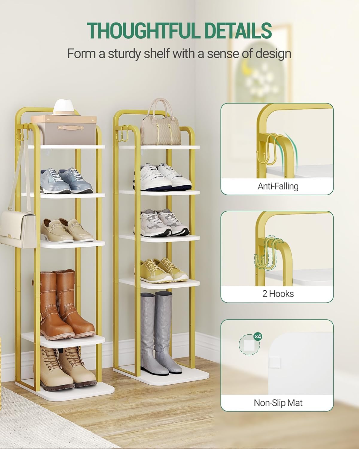 6 2 SR04213A Hzuaneri Tiers Vertical Shoe Rack, Narrow Shoe Tower, Tall Shoes Shelf with Hooks, Adjustable Shelves