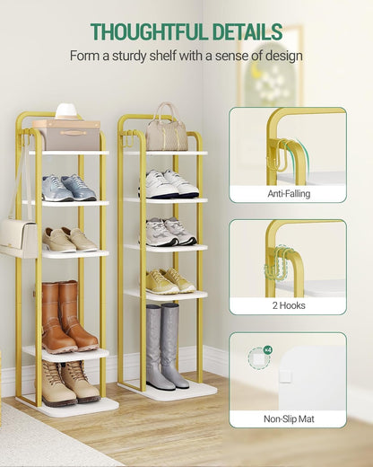 6 2 SR04213A Hzuaneri Tiers Vertical Shoe Rack, Narrow Shoe Tower, Tall Shoes Shelf with Hooks, Adjustable Shelves