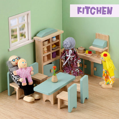 Sumind 35 Pcs Wooden Dollhouse Furniture Set with 8 Family Figures, 1:12 Scale Miniature Dolls House Accessories for Kitchen, Bedroom & Bathroom, Montessori Educational Toy Gift for Girls and Boys