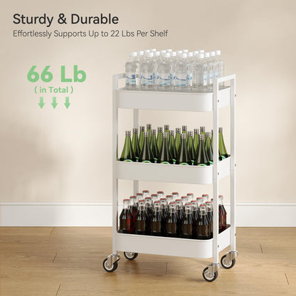 Nunsino 3 Tier Rolling Cart,Utility Cart with Locking Wheels, Hanging Cups,&Hooks, Heavy Duty Metal Storage Organizer Cart for Kitchen,Office, Bathroom,Craft Room,White