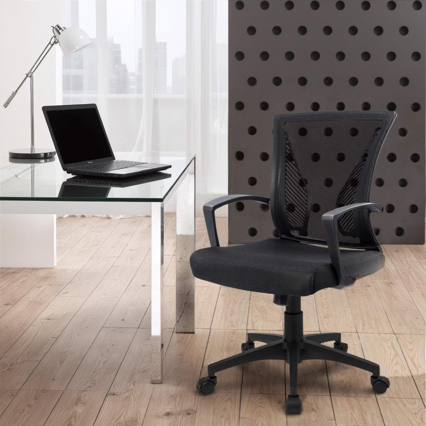 Furmax Office Chair Ergonomic Computer Desk Mesh Chair Mid Back Swivel Lumbar Support with Armrest (1, Black)
