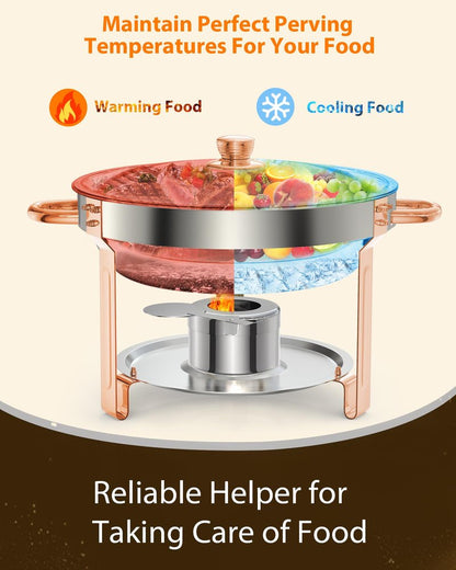 GarveeHome Chafing Dish for Buffet 2 Pack, 5 QT Round Chafing Dishes Buffet Set w/Lid Holder, Stainless Steel Chafers and Food Warmers with Spoon and Tweezers for Parties, Weddings, Events, Rose Gold