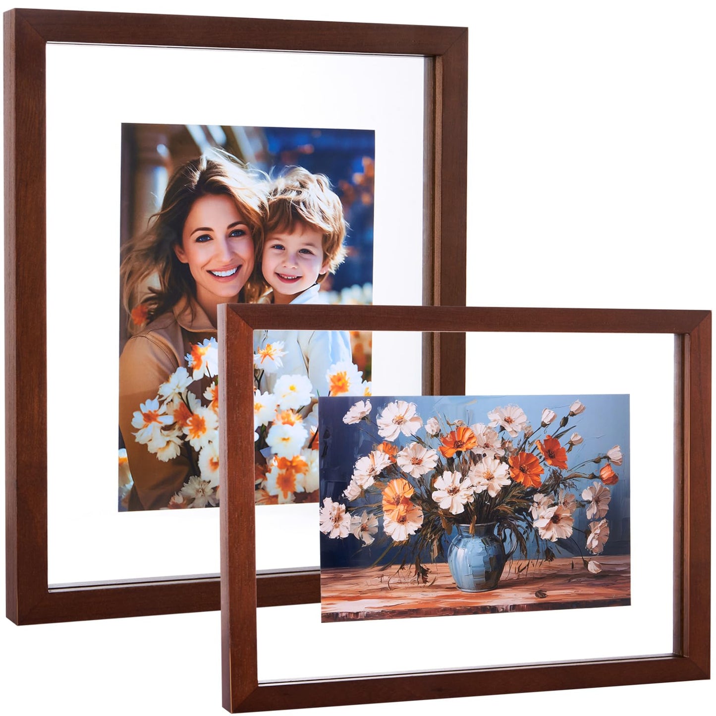 DLQuarts 8x10 Floating Photo Picture Frame, Floating Display 6x8, 5x7,or Full Display 8x10 Photos, Solid Wood, Double Glass, 2 Pack, Retro Walnut