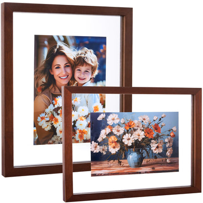 DLQuarts 8x10 Floating Photo Picture Frame, Floating Display 6x8, 5x7,or Full Display 8x10 Photos, Solid Wood, Double Glass, 2 Pack, Retro Walnut