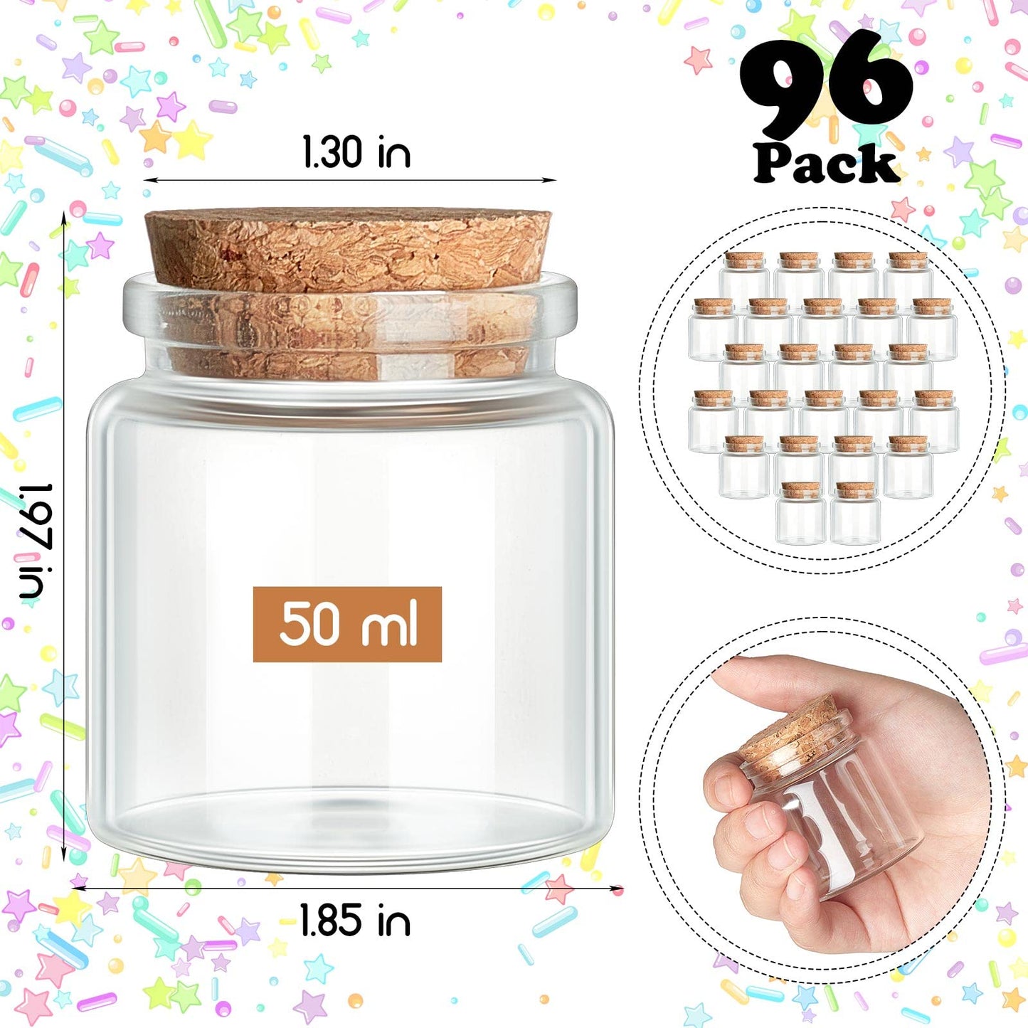 Irenare 96 Pcs Small Glass Cork Bottles 50 ml/ 1.7 oz Small Glass Jars Spell Jars Clear Potion Bottles Mini Bottles with Cork Bottle Bright DIY Sand Water Message Decorative Jar Party Favors