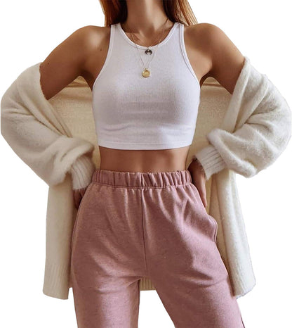 Artfish Women Casual Basic Sleeveless High Neck Rib-Knit Front Racerback Crop Tank Top 01#White,S