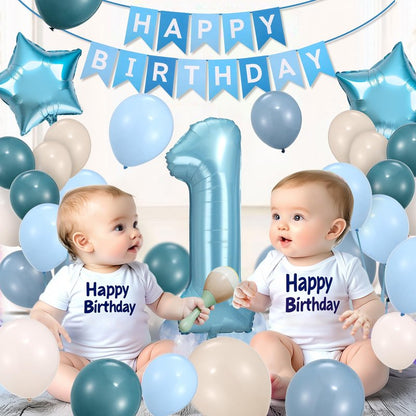HEDUPT 1st Birthday Decorations Boy, First Birthday Decorations for Boy with Happy Birthday Banner, 40inch 1 Balloon Number, Dusty Blue Balloons, Baby One Year Old Birthday Party Decor