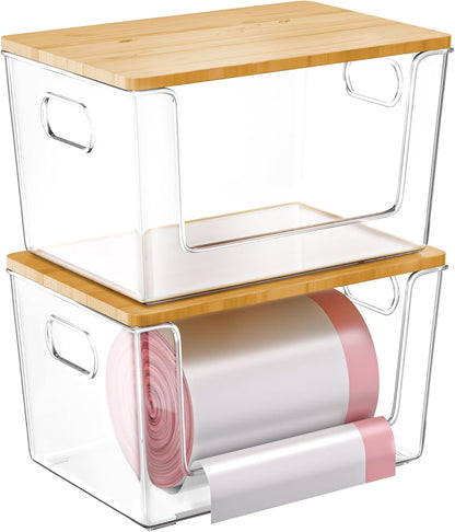 2 Set Counter Pantry Organizer and Storage, Stackable Trash Bag Dispenser Clear Acrylic Kitchen Pantry Baskets