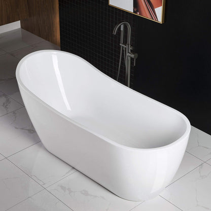 WOODBRIDGE 67" Acrylic Freestanding Bathtub Contemporary Soaking White Tub with Matte Black Overflow and Drain，B0001 -MB-Drain &O