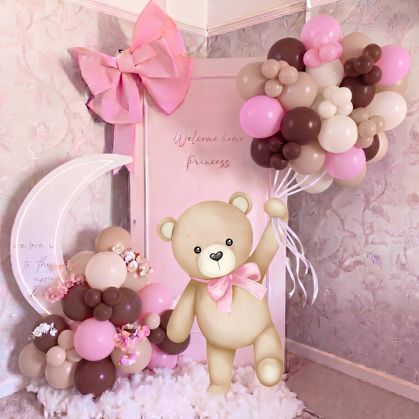 Teyva Daily 43 Pcs Pink Brown Bear Baby Shower Decorations for Girl 31 Bears Cardboard Cutout Stand Decoration Pink and Brown Balloon Stand Kit Gender Reveal Bear Balloons Kit for Baby Shower Birthday