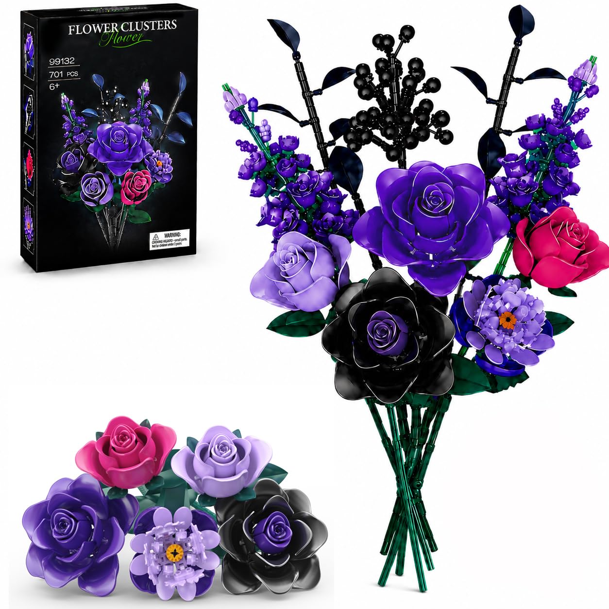 Flower Rose Bouquet Building Set, 701Pcs Gothic Purple Rose Building Kit, Artificial Floral Home Decor for Women Teens Adults, Mother's Day Birthdays Helloween Decor Gifts