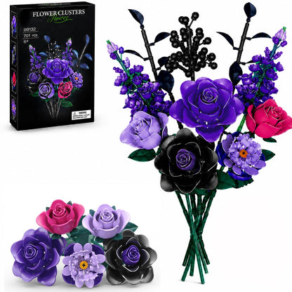 Flower Rose Bouquet Building Set, 701Pcs Gothic Purple Rose Building Kit, Artificial Floral Home Decor for Women Teens Adults, Mother's Day Birthdays Helloween Decor Gifts