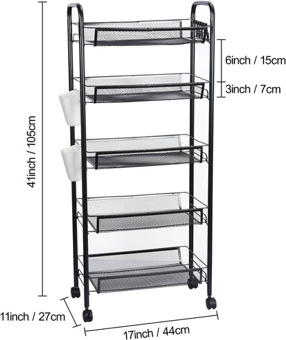 5 360 41 Inch Fruit Vegetable Basket Storage Cart Tier Snack Cart Stackable Metal Mesh Vegetable Organizer with Degree