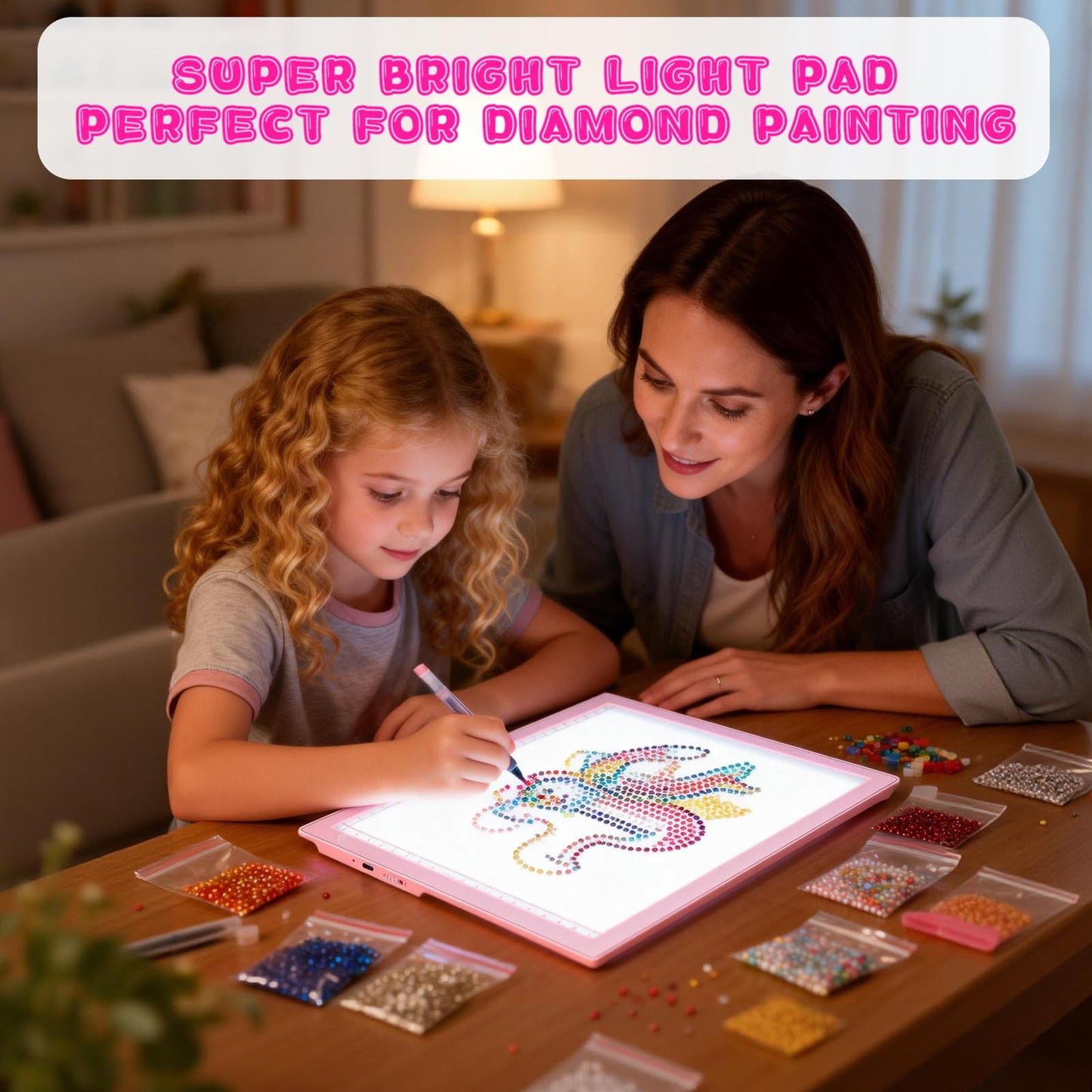 LED Drawing Tablet Kits Pink - 15" Light Board for Diamond Painting Accessories, Best Birthday, Holiday Gifts Toy for Kids Girls 3,4,5,6,7,8,9,10,11,12 Year Old, Back to School Art Travel Essentials