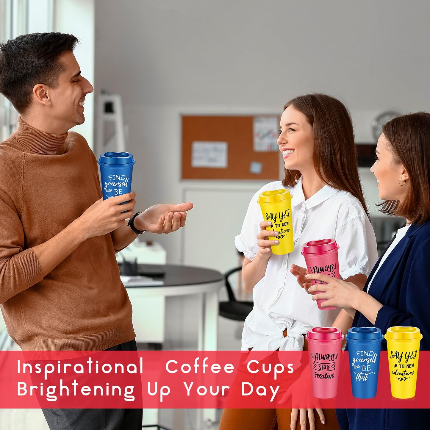FillTouch 72 Pcs Inspirational Cups Bulk Employee Appreciation Gifts, 16 oz Reusable Plastic Coffee Cups for Coworkers, Staff, Teammates, Office Prizes for Women and Men (Bright Color,Inspirational)