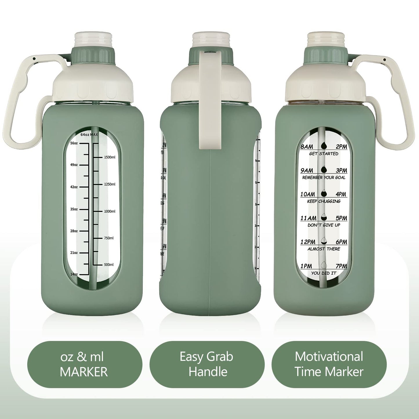 MUKOKO 64oz Glass Water Bottles with Straw, Half Gallon Water Jug with Time Marker, Sports Large Motivational Bottle with Silicone Sleeve, Olive
