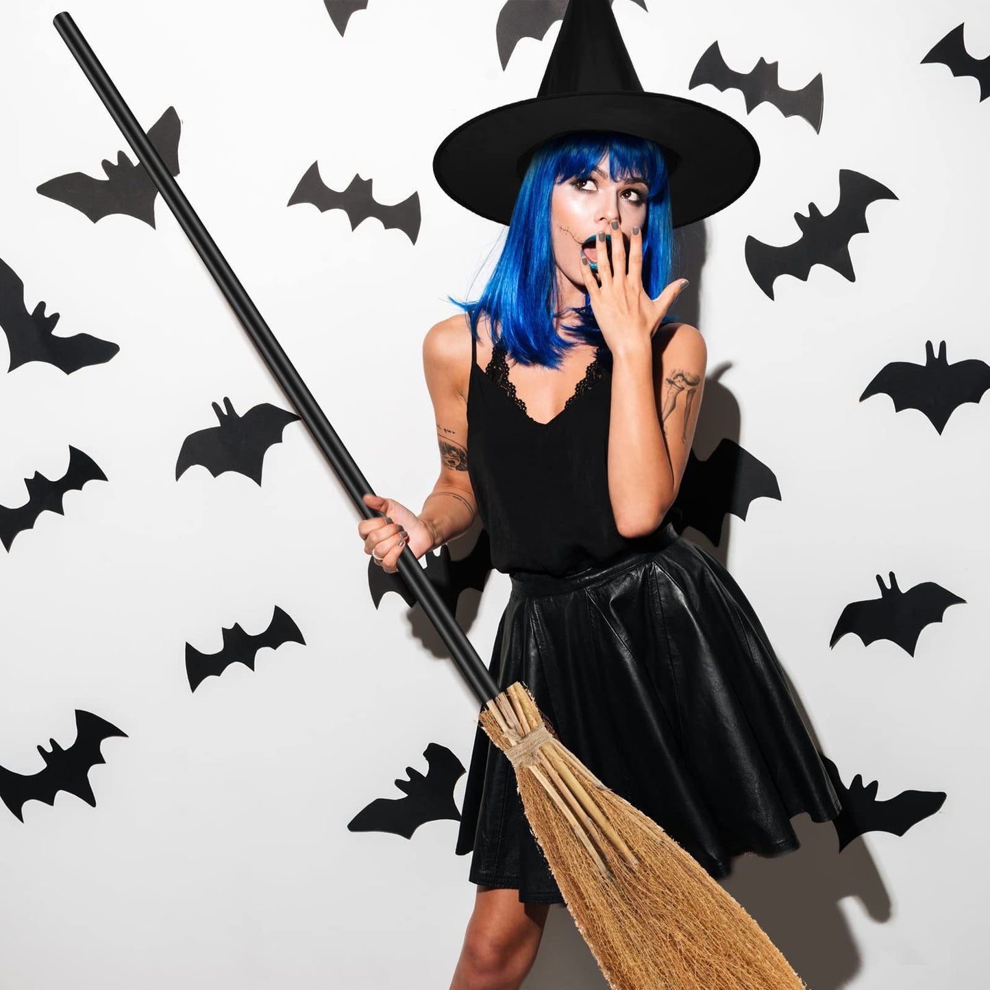 Jetec Halloween Witch Broom Hat Set Black Hat with 39.4 Inch Broom Realistic Wizard Witch for Halloween Party Cosplay Props Costume Accessories