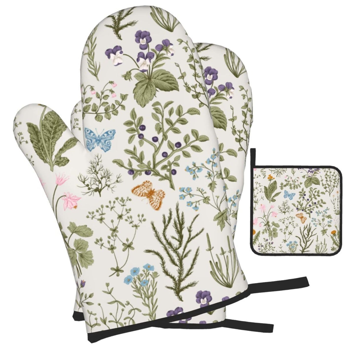 Vintage Floral Oven Mitts and Pot Holders Sets of 3 Cute Botanic Hot Pads Herbs and Wild Flowers Oven Gloves Heat Resistant Washable for Kitchen Cooking Grilling Baking