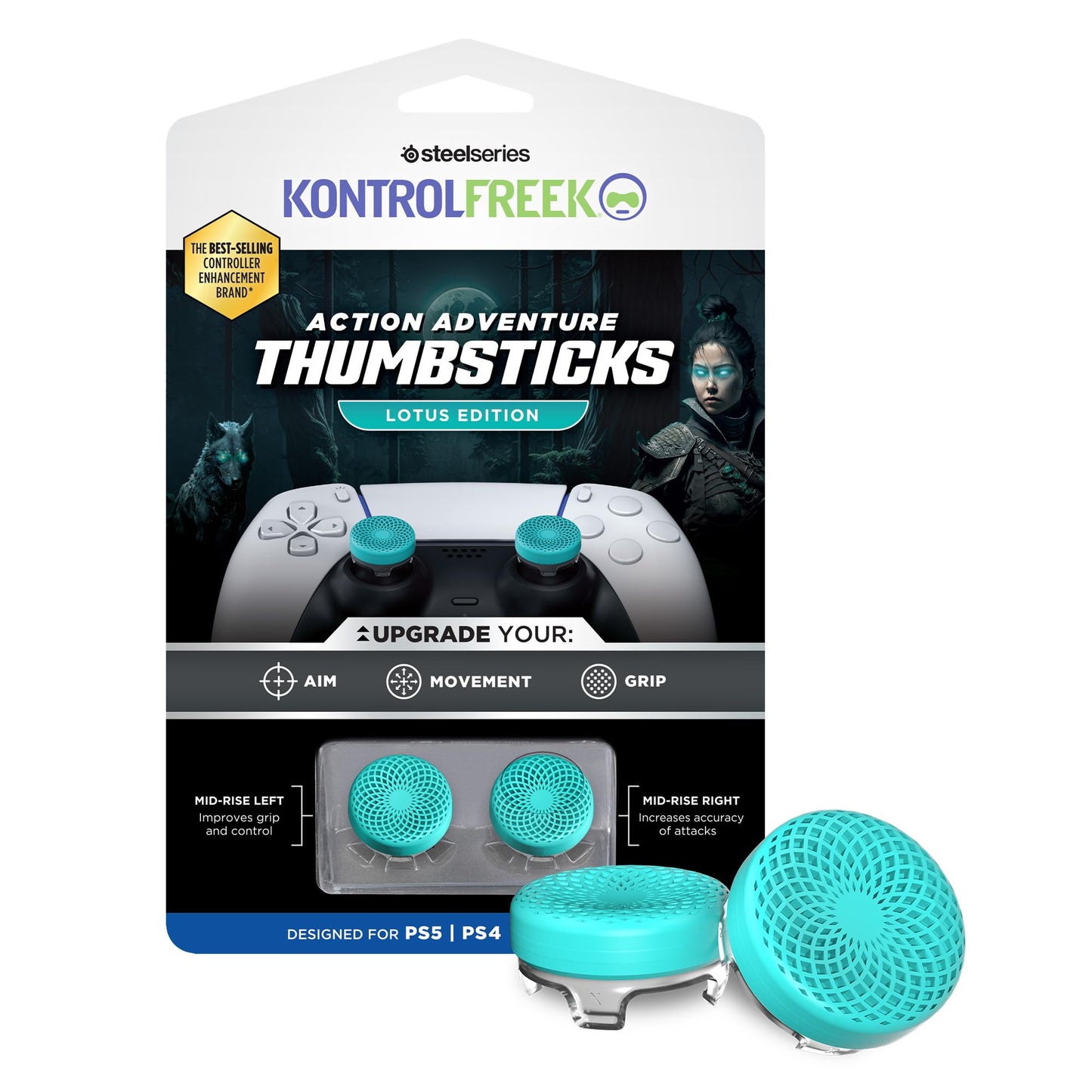 KontrolFreek Lotus for PlayStation 5 (PS5) and PlayStation 4 (PS4) | Performance Thumbsticks | 2 Mid-Rise Concave | Teal/Clear