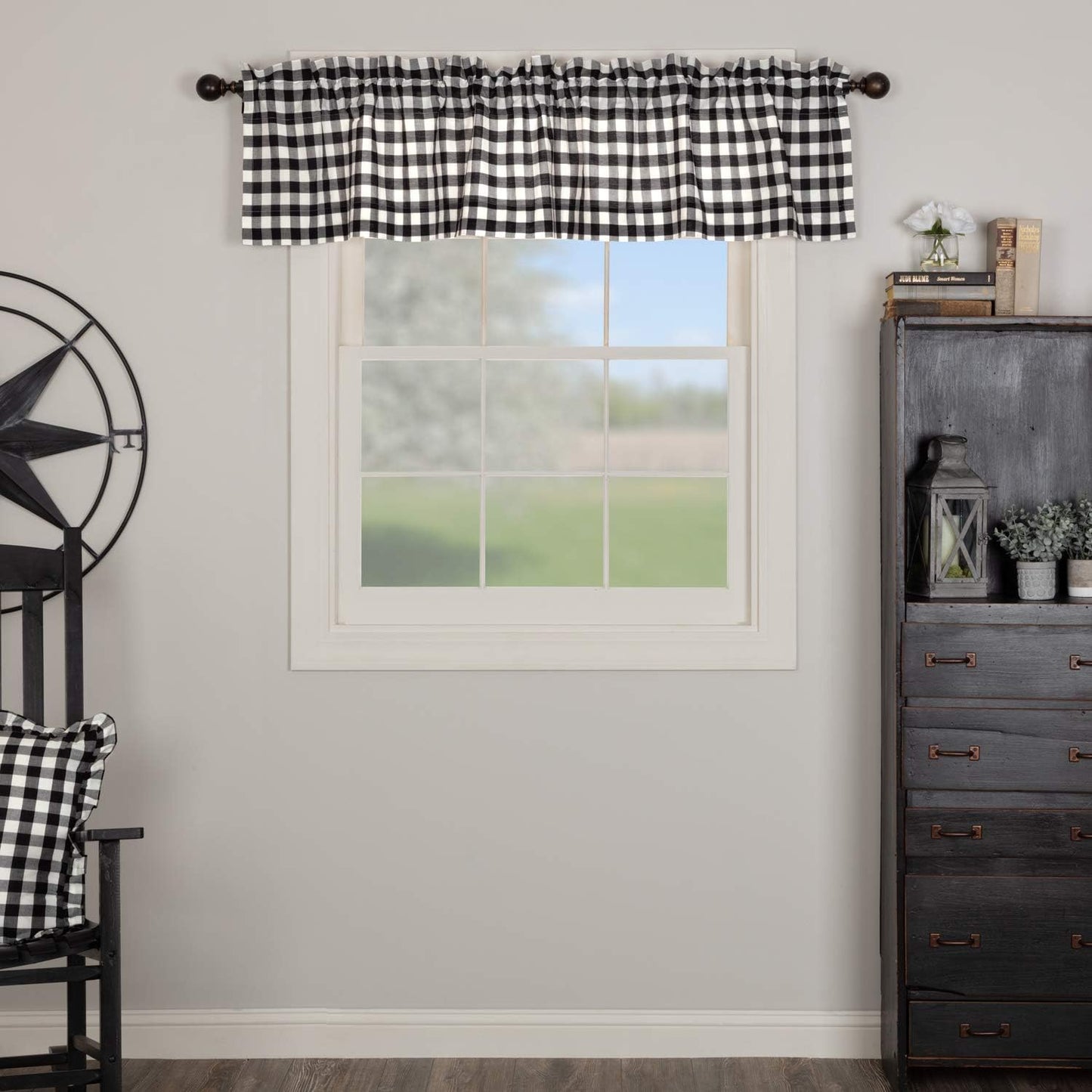 VHC Brands Annie Buffalo Check Cotton Farmhouse Kitchen Curtains - Rod Pocket 16x72 Valance, Black