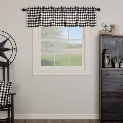 VHC Brands Annie Buffalo Check Cotton Farmhouse Kitchen Curtains - Rod Pocket 16x72 Valance, Black