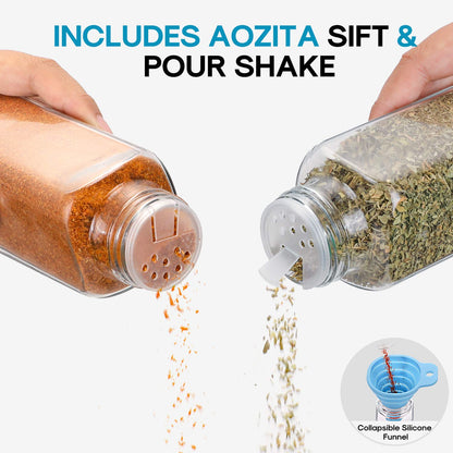 AOZITA 14 Pcs Glass Spice Jars with Spice Labels - 4oz Empty Square Spice Bottles - Shaker Lids and Airtight Metal Caps - Chalk Marker and Silicone Collapsible Funnel Included