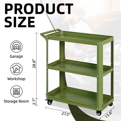 XCX 3 Tier Rolling Tool Cart with Lockable Silent Wheels, 330 LBS Capacity, Metal Service Cart for Home, Garage, Warehouse, Workshop