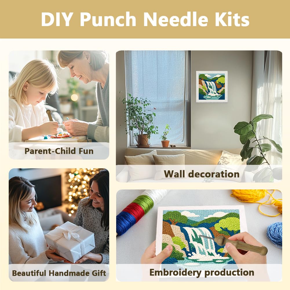Doodlream Mountain Waterfall Landscape Needle Kit for Beginner, 9.4"x 9.4" Nature Punch Stitching Craft Set, Color DIY Embroidery Starter with Printed Frame, Instruction, Threader, Yarn, Pinch Needle