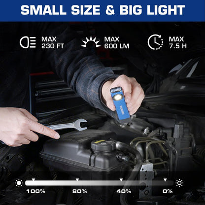 WORKPRO Rechargeable Work Light, 600 Lumens Flat Pocket Flashlight with UV Light, Magnetic Base & Clip, Slim LED EDC Flashlight for Garage, Camping, Home, and Emergencies