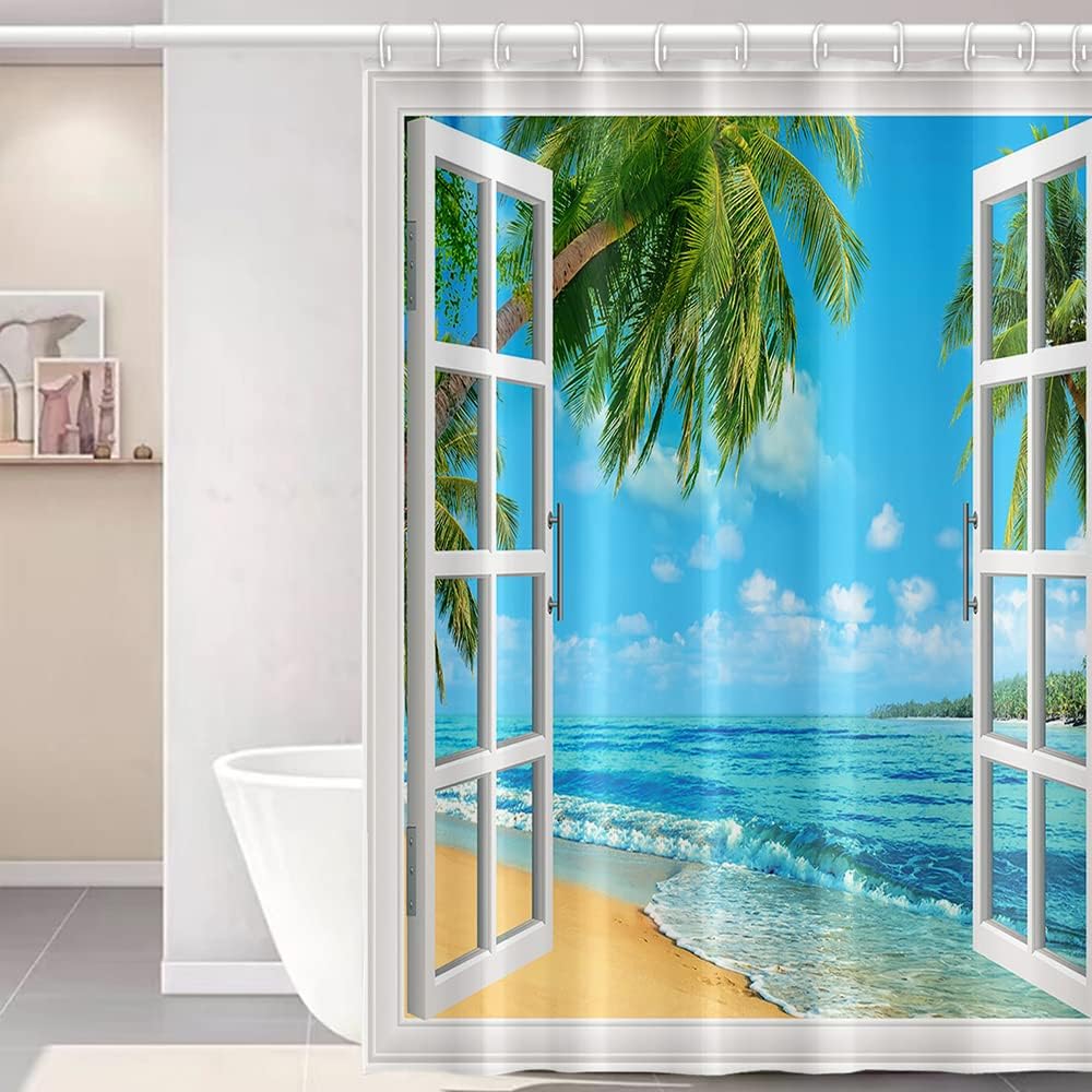 Summer Shower Curtain Set for Bathroom, White Window Blue Sky Sea Water with Green Palm Trees, 72x72 inches